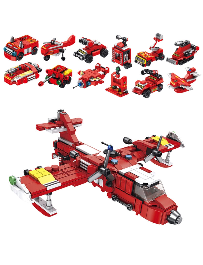 imagem de DAM. Avião de resgate de incêndio 12 em 1, com 572 peças. Construa 12 modelos individuais com 2 formas cada.1