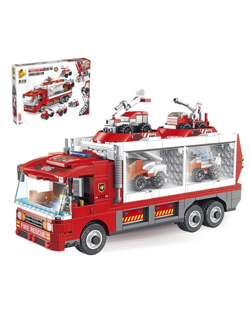 imagem de DAM. Caminhão de bombeiro transformável em robô, 6 em 1, com 655 peças. Construa 6 modelos individuais com 2 formas cada.3