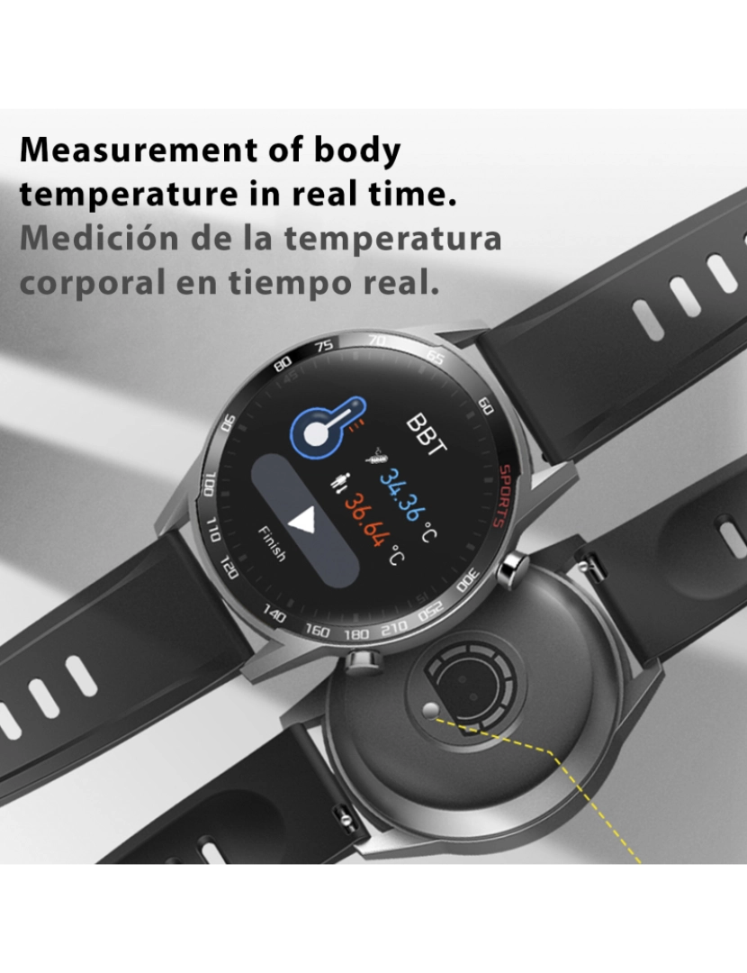 imagem de DAM. Smartwatch T23 com temperatura corporal, pressão arterial, oxigênio no sangue e modo multiesportivo.4