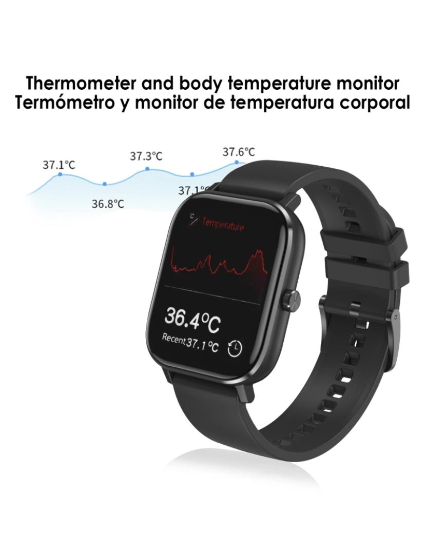 imagem de DAM. Smartwatch DT35+ com termômetro, monitor de pressão arterial e oxigênio. Notificações de tela iOS e Android.3