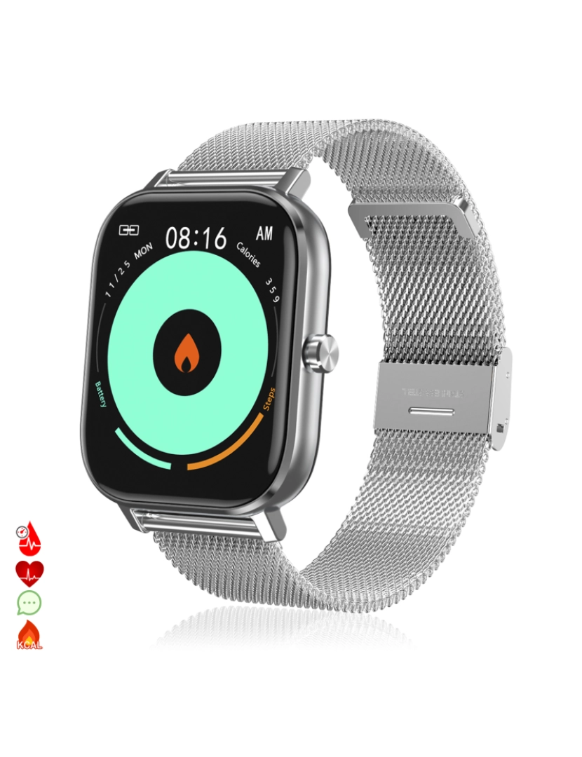 DAM - DAM. Smartwatch DT35+ com pulseira de aço, termômetro, monitor de pressão arterial e oxigênio. Notificações de tela iOS e Android.
