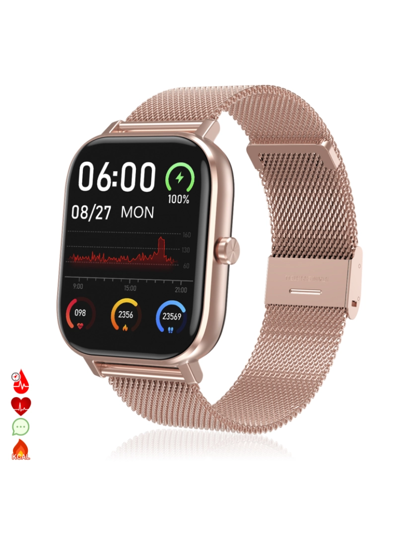 imagem de DAM. Smartwatch DT35+ com pulseira de aço, termômetro, monitor de pressão arterial e oxigênio. Notificações de tela iOS e Android.1