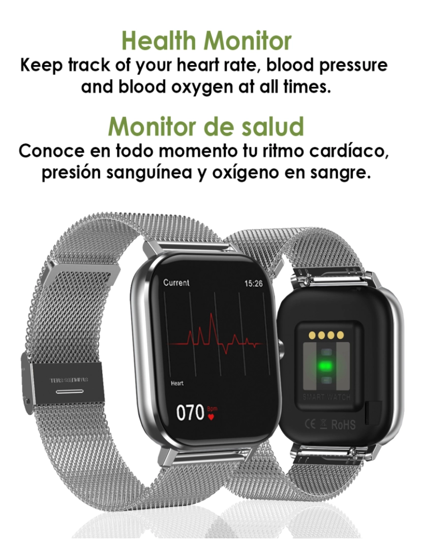 imagem de DAM. Smartwatch DT35+ com pulseira de aço, termômetro, monitor de pressão arterial e oxigênio. Notificações de tela iOS e Android.2