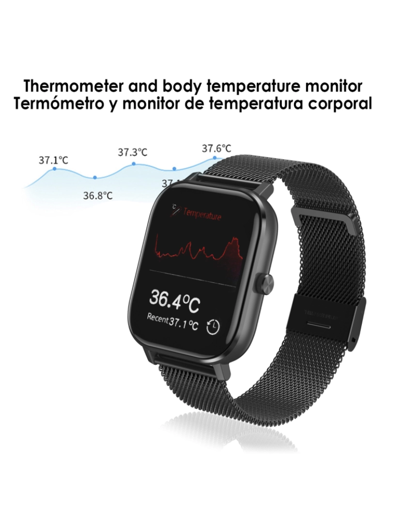 imagem de DAM. Smartwatch DT35+ com pulseira de aço, termômetro, monitor de pressão arterial e oxigênio. Notificações de tela iOS e Android.3