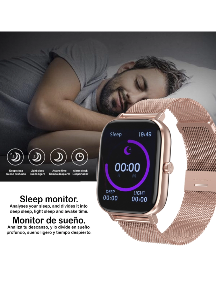 imagem de DAM. Smartwatch DT35+ com pulseira de aço, termômetro, monitor de pressão arterial e oxigênio. Notificações de tela iOS e Android.6