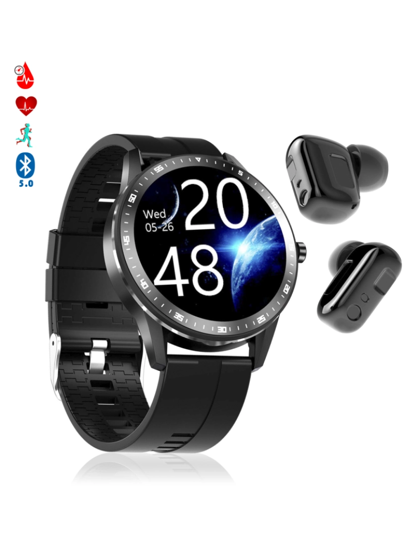 DAM - DAM. Smartwatch X6 com fones de ouvido Bluetooth 5.0 TWS integrados, monitor de pressão arterial e oxigênio.