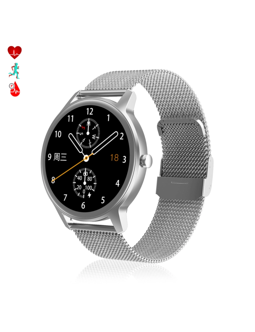 DAM - DAM. Smartwatch DT56 com pulseira de aço. Monitor de pressão arterial e oxigênio. Vários modos esportivos. Notificações para iOS e Android.