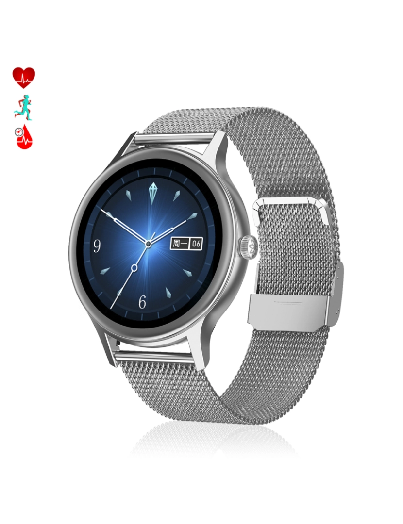 imagem de DAM. Smartwatch DT66 com pulseira de aço. Monitor de pressão arterial e oxigênio. Vários modos esportivos. Notificações para iOS e Android.1