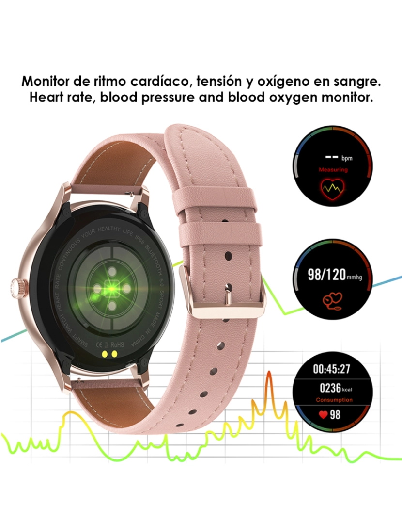 imagem de DAM. Smartwatch DT66 com pulseira de aço. Monitor de pressão arterial e oxigênio. Vários modos esportivos. Notificações para iOS e Android.3