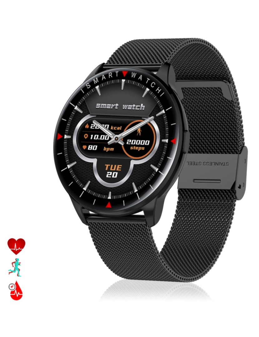 imagem de DAM. Smartwatch Y90 com 8 modos esportivos, monitor de O2 e pressão arterial. Notificações com mensagem na tela. Cinta metálica.1