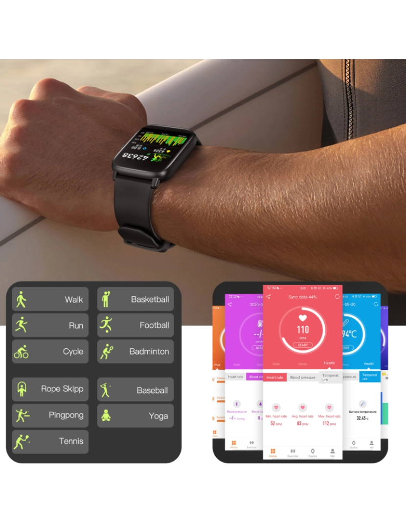 imagem de DAM. Smartwatch T58 com termômetro corporal. Monitor cardíaco, pressão arterial e oxigênio. modalidades esportivas.5