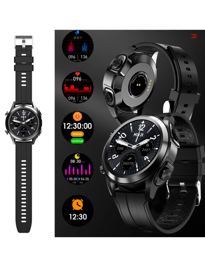 imagem de DAM. Smartwatch T10 com fones de ouvido TWS integrados. Monitor de pressão arterial e O2. Notificações de aplicativo.3