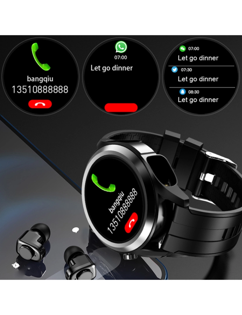 imagem de DAM. Smartwatch T10 com fones de ouvido TWS integrados. Monitor de pressão arterial e O2. Notificações de aplicativo.4