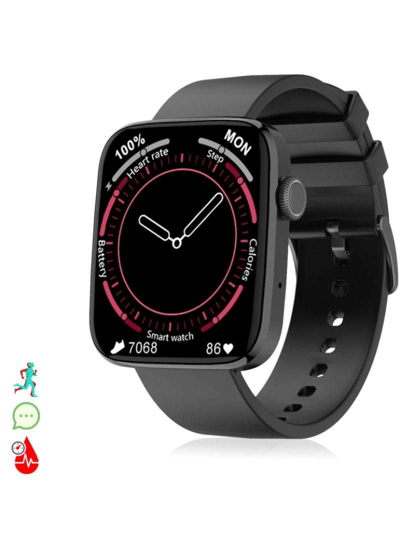 DAM - DAM. Smartwatch DT1 com coroa giratória inteligente, monitor de pressão arterial e O2; 11 modos multiesportivos. Fundos personalizáveis.