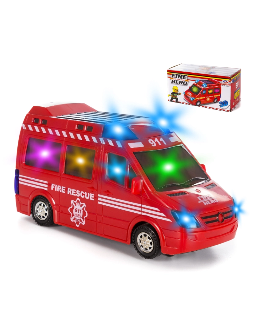 imagem de DAM. Caminhão de bombeiros com luzes 3D e efeitos sonoros. Modo de funcionamento automático de 360°.1