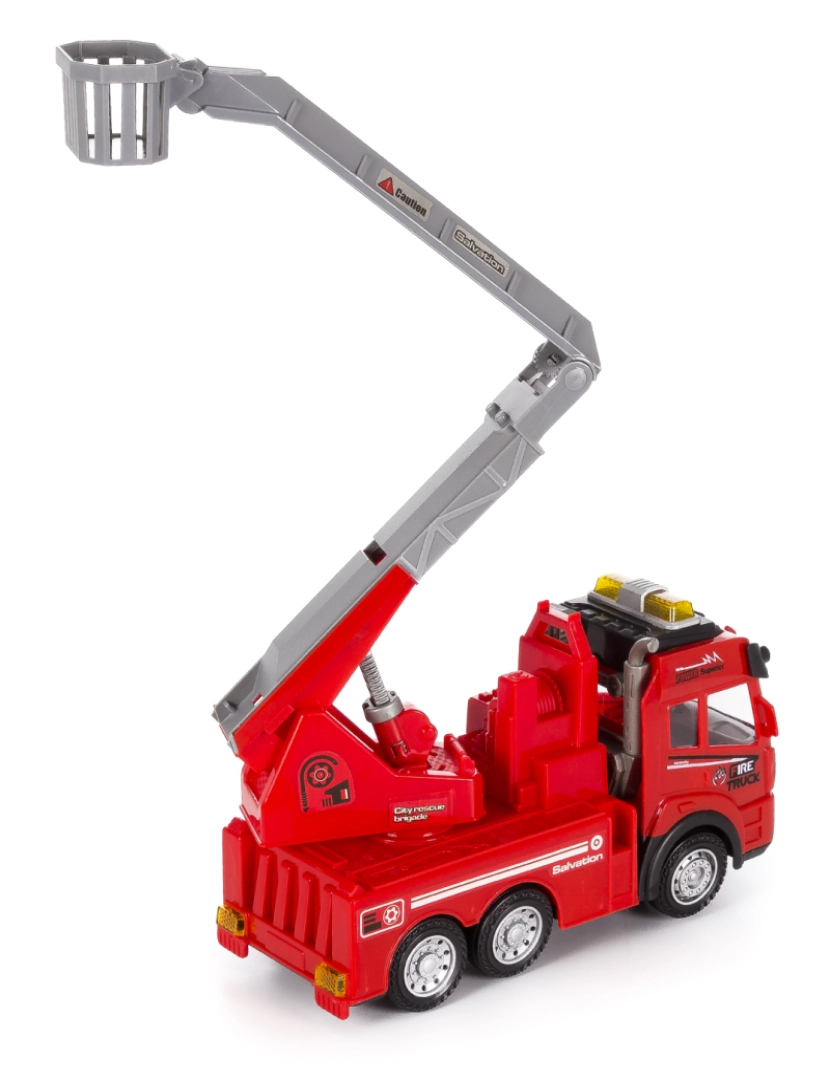 imagem de DAM. Caminhão de bombeiros com luzes 3D e efeitos sonoros. Cesta de elevação de braçadeira. Modo de funcionamento automático de 360°.2