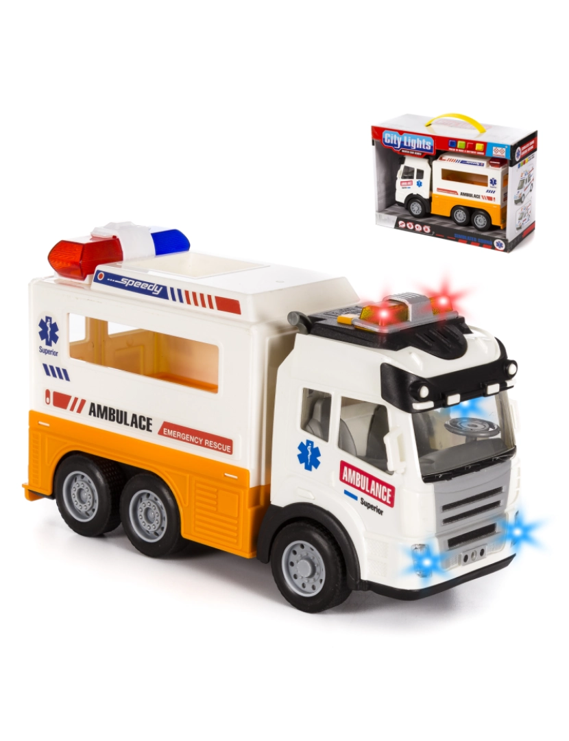 imagem de DAM. Caminhão de ambulância com luzes e 3 efeitos sonoros. Operação de inércia.1