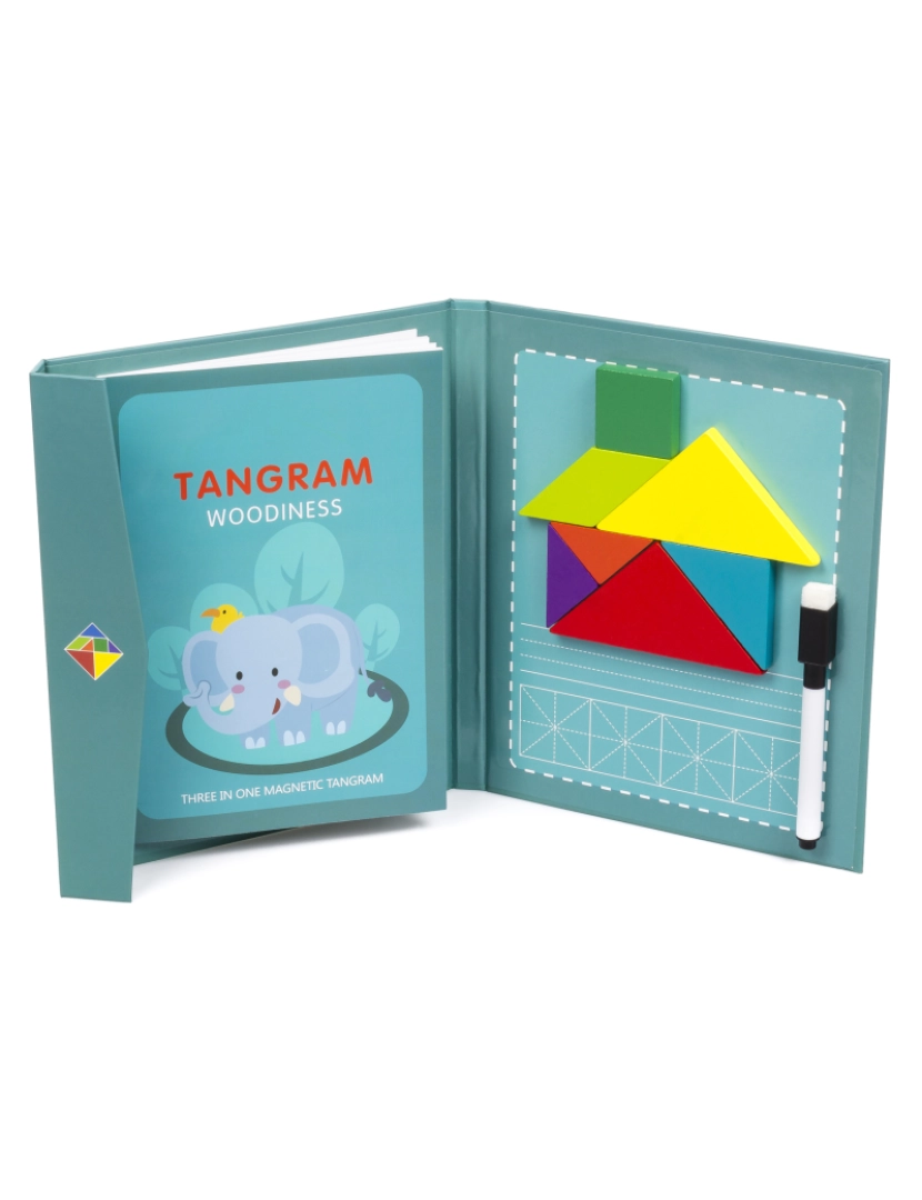 imagem de DAM. Livro tangram com peças magnéticas de madeira. Inclui mais de 90 desafios e soluções.1