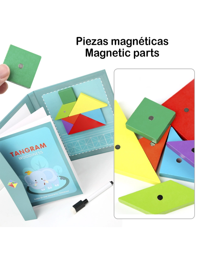 imagem de DAM. Livro tangram com peças magnéticas de madeira. Inclui mais de 90 desafios e soluções.2