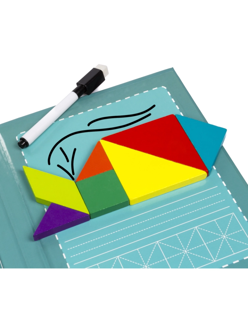 imagem de DAM. Livro tangram com peças magnéticas de madeira. Inclui mais de 90 desafios e soluções.3