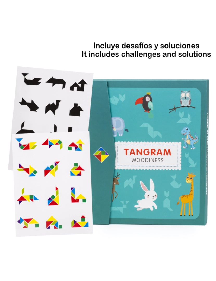 imagem de DAM. Livro tangram com peças magnéticas de madeira. Inclui mais de 90 desafios e soluções.4