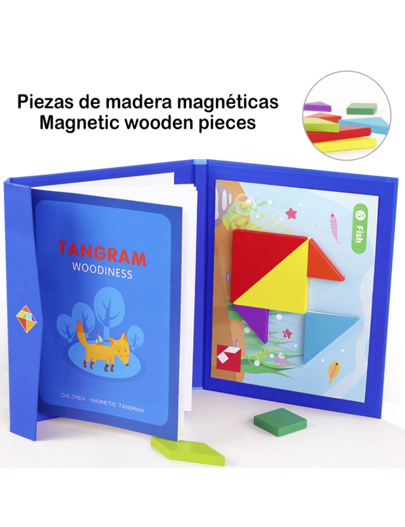 imagem de DAM. Livro com Tangram magnético de madeira, um novo desafio para completar azulejos com desenhos. Inclui vários desafios clássicos.2