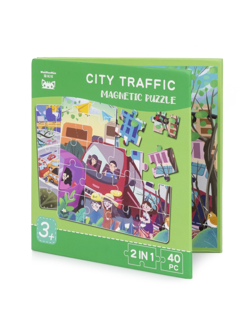 DAM - DAM. Desenho de quebra-cabeça City Traffic 40 peças magnéticas. Formato de livro, 2 quebra-cabeças de 20 peças em 1.