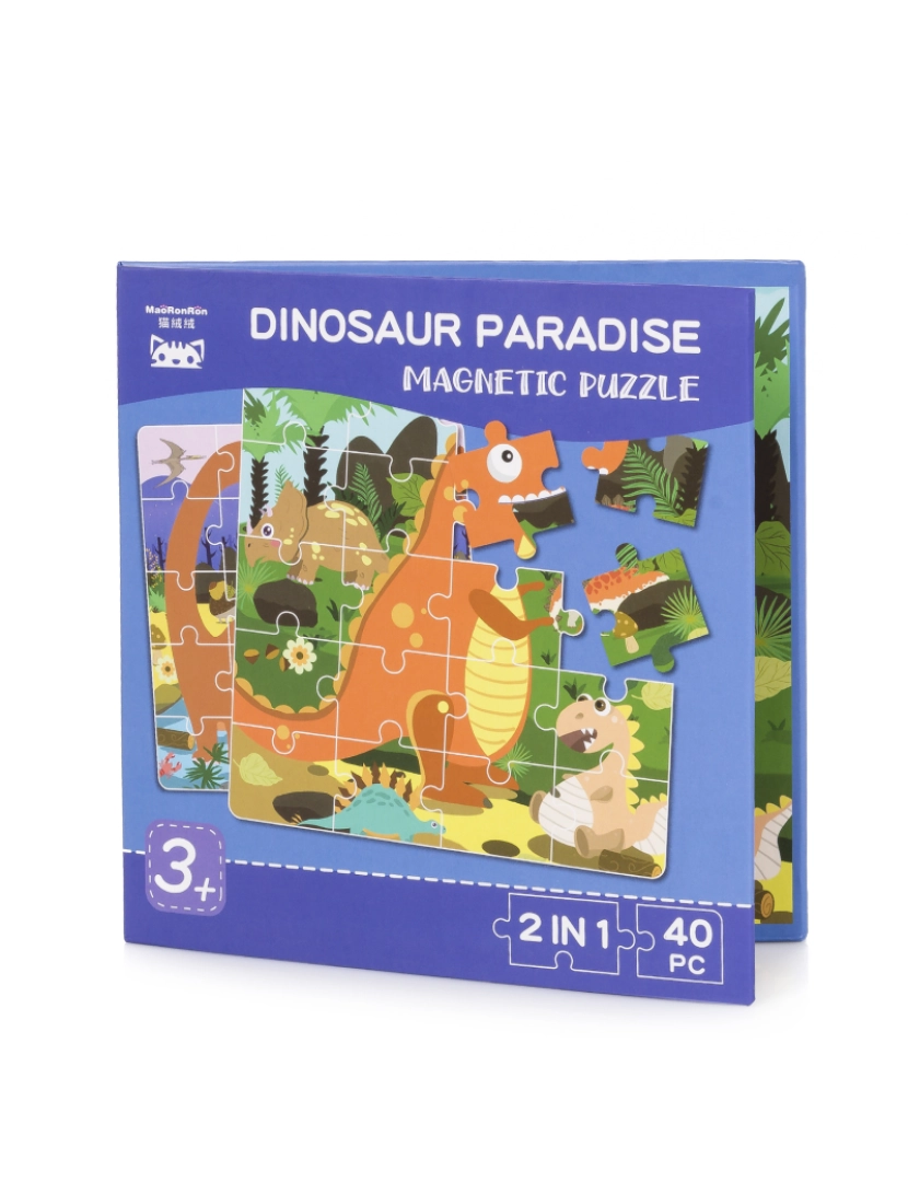 DAM - DAM. Desenho de puzzle Paraíso dos Dinossauros de 40 peças magnéticas. Formato de livro, 2 quebra-cabeças de 20 peças em 1.