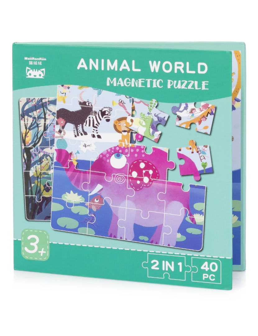 DAM - DAM. Desenho de quebra-cabeça Animal World de 40 peças magnéticas. Formato de livro, 2 quebra-cabeças de 20 peças em 1.