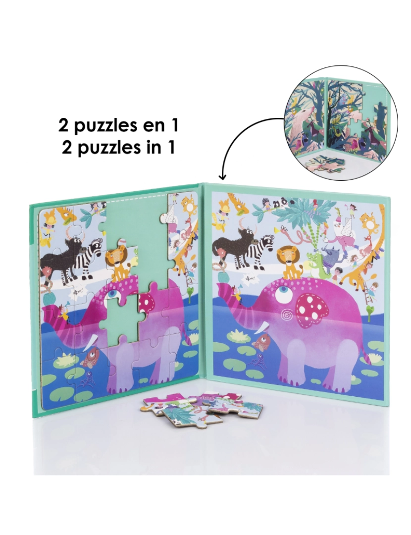 imagem de DAM. Desenho de quebra-cabeça Animal World de 40 peças magnéticas. Formato de livro, 2 quebra-cabeças de 20 peças em 1.2