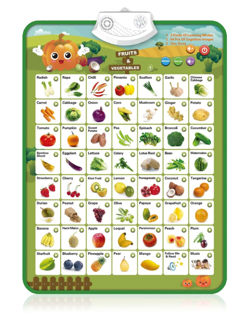 DAM - DAM. Alfabeto eletrônico interativo com Frutas e Verduras para aprender inglês, ABC falante e cartaz musical. Brinquedo educativo para crianças