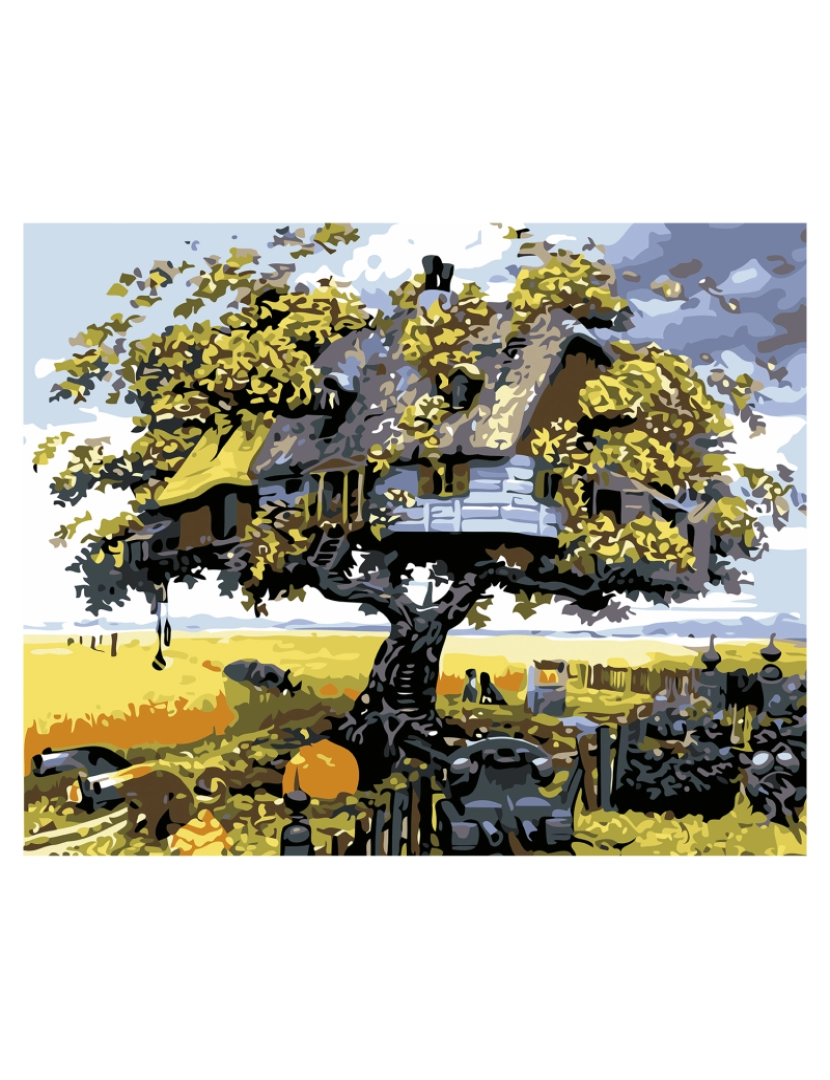 imagem de DAM. Tela com desenho para pintar por números, 40x50cm. Projeto de casa na árvore. Inclui pincéis e tintas necessárias.1