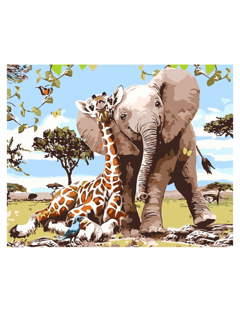 imagem de DAM. Tela com desenho para pintar por números, 40x50cm. Desenho de elefante e girafa. Inclui pincéis e tintas necessárias.1