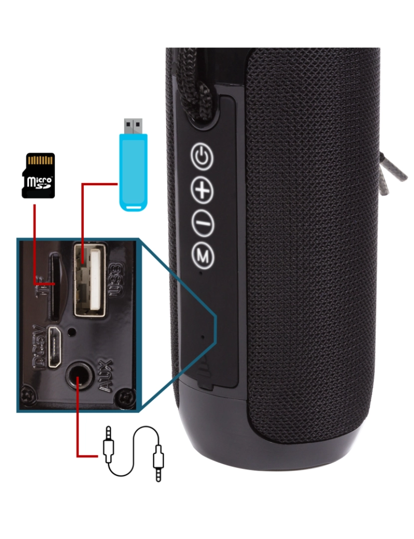 imagem de DAM. Alto-falante portátil Bluetooth 5.0 TG-117. Leitor USB, micro SD, rádio FM e viva-voz. Entrada auxiliar de jack de 3,5 mm.3