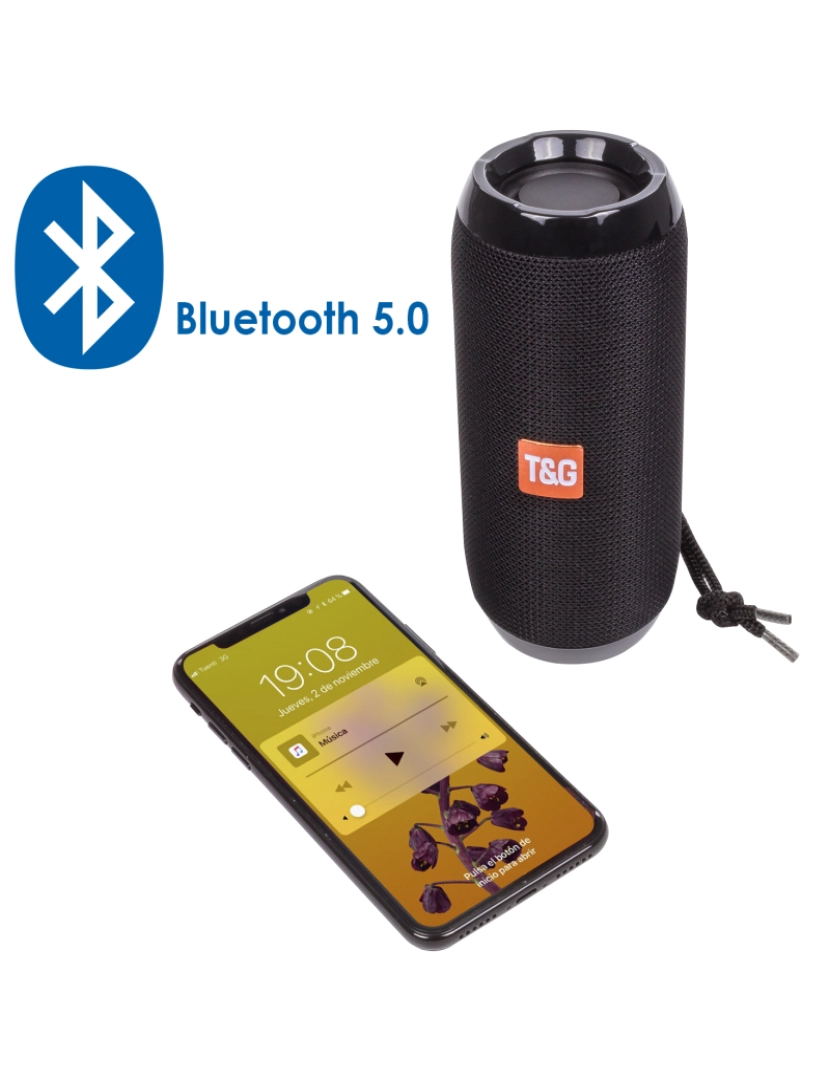 imagem de DAM. Alto-falante portátil Bluetooth 5.0 TG-117. Leitor USB, micro SD, rádio FM e viva-voz. Entrada auxiliar de jack de 3,5 mm.4