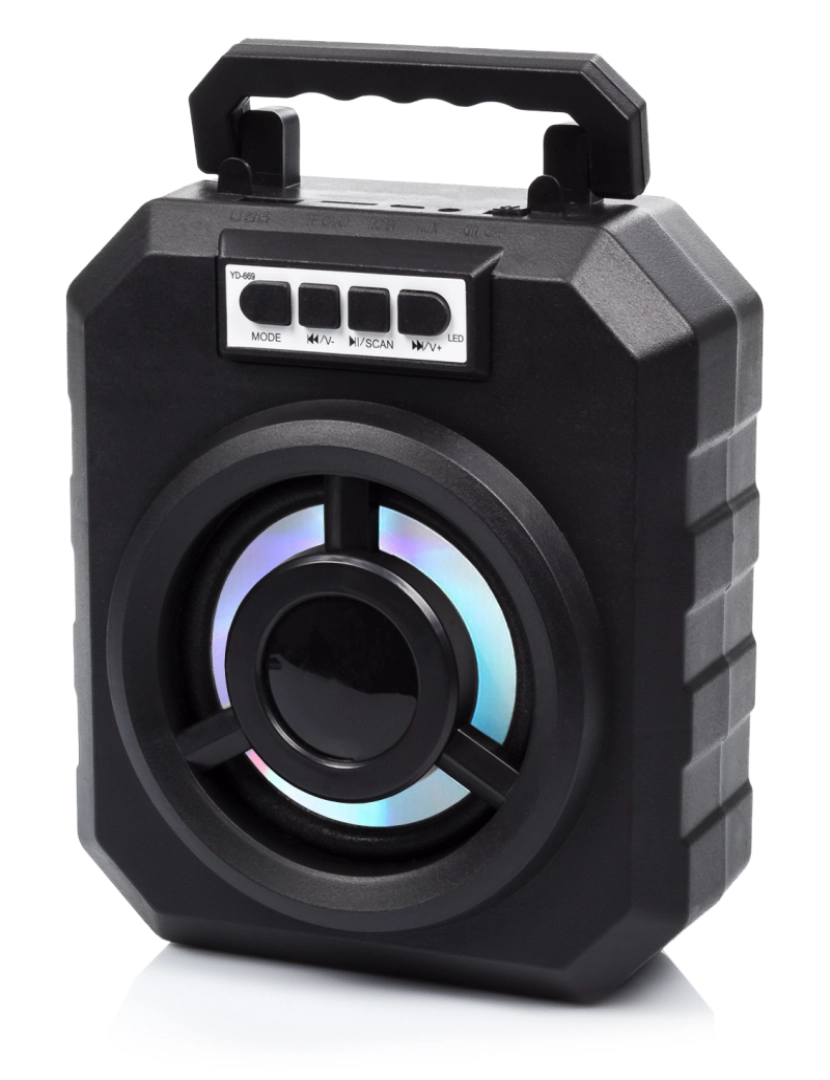 DAM - DAM. Alto-falante portátil Boombox YD-669 Bluetooth 4.2. Entrada USB, cartão micro SD e conector 3.5. Radio FM. Suporte para smartphone integrado.
