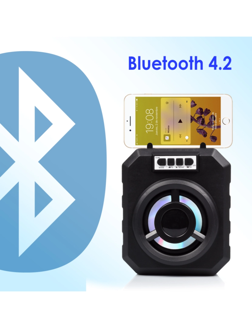 imagem de DAM. Alto-falante portátil Boombox YD-669 Bluetooth 4.2. Entrada USB, cartão micro SD e conector 3.5. Radio FM. Suporte para smartphone integrado.2