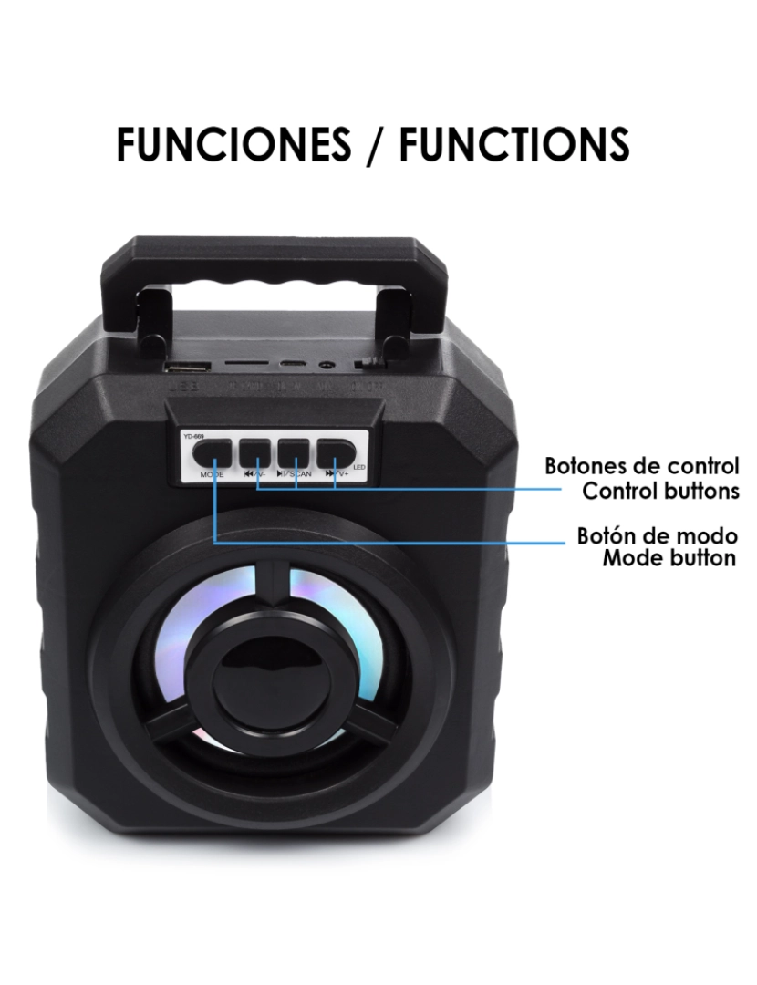 imagem de DAM. Alto-falante portátil Boombox YD-669 Bluetooth 4.2. Entrada USB, cartão micro SD e conector 3.5. Radio FM. Suporte para smartphone integrado.3