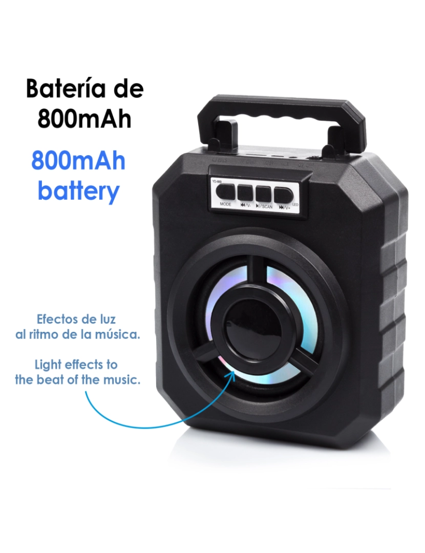 imagem de DAM. Alto-falante portátil Boombox YD-669 Bluetooth 4.2. Entrada USB, cartão micro SD e conector 3.5. Radio FM. Suporte para smartphone integrado.5