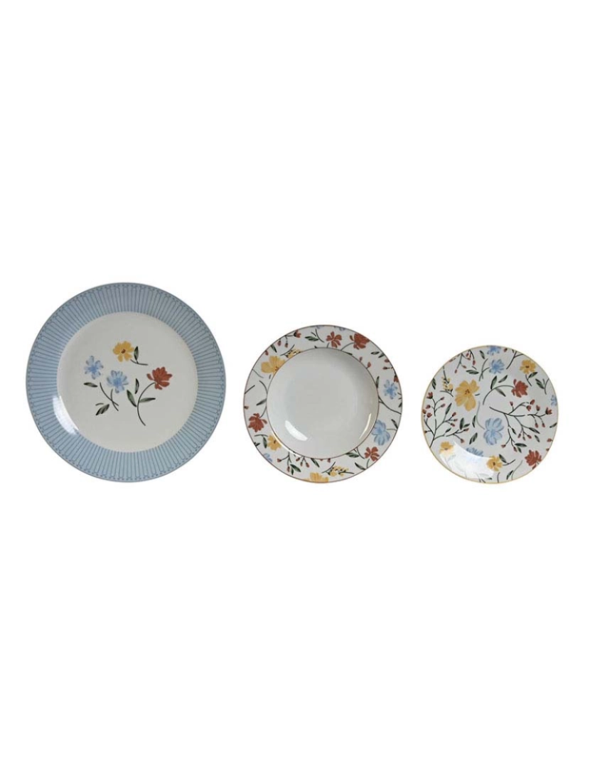 DKD Home - Louça  Decor Azul Branco Porcelana Floral 18 Peças 27 x 27 x 3 cm