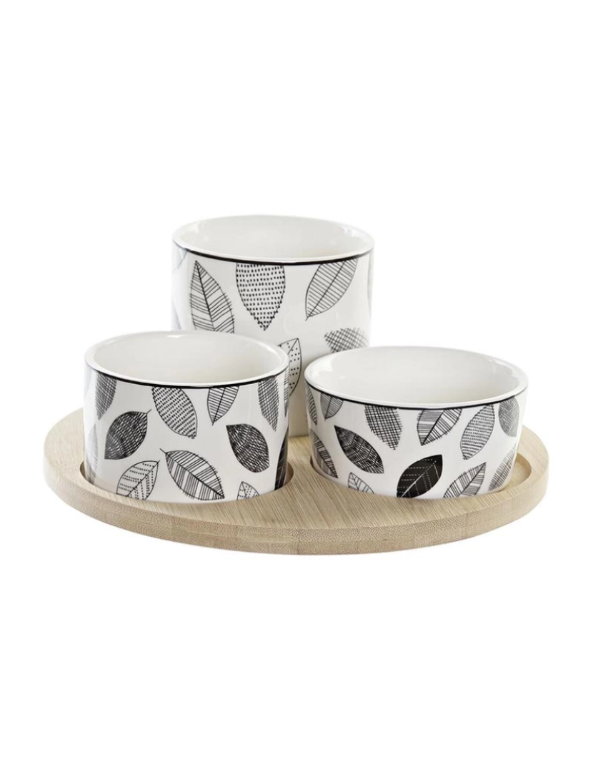 DKD Home - Conjunto para Aperitivos DKD Home Decor Branco/Preto Bambu Grés Folhas Cottage 3 Peças 8 cm 20 x 20 x 8 cm