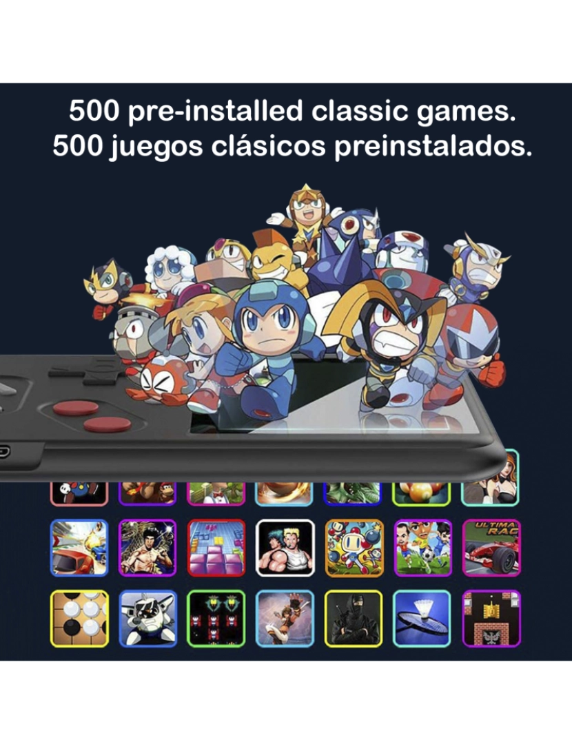 imagem de DAM. Consola portátil com 500 jogos clássicos pré-instalados. Tela colorida de 2,4 polegadas.3