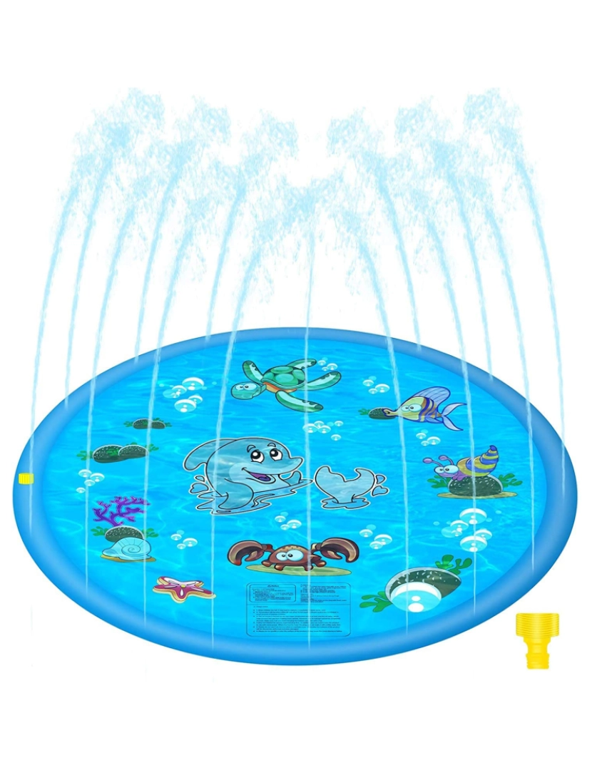 imagem de DAM. Splashpad. Brinquedo inflável com aspersor de água para brincar. 150cm de diâmetro. Desenho de animais aquáticos.1