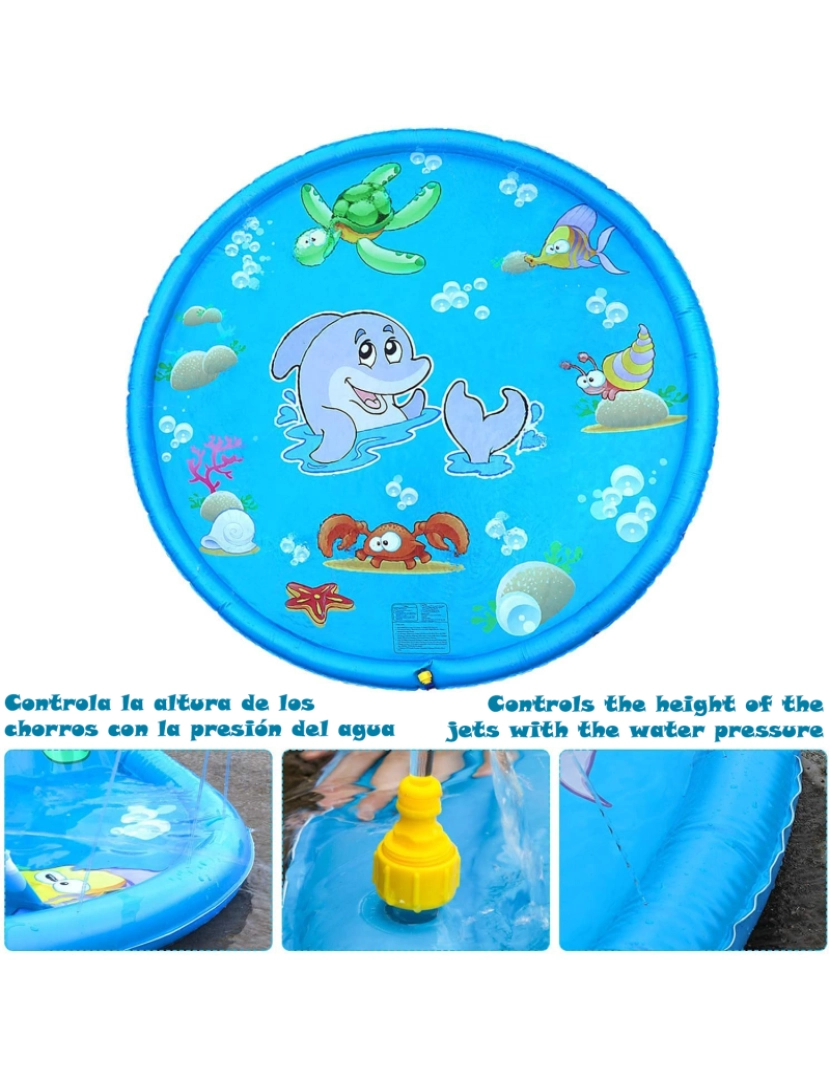 imagem de DAM. Splashpad. Brinquedo inflável com aspersor de água para brincar. 150cm de diâmetro. Desenho de animais aquáticos.3