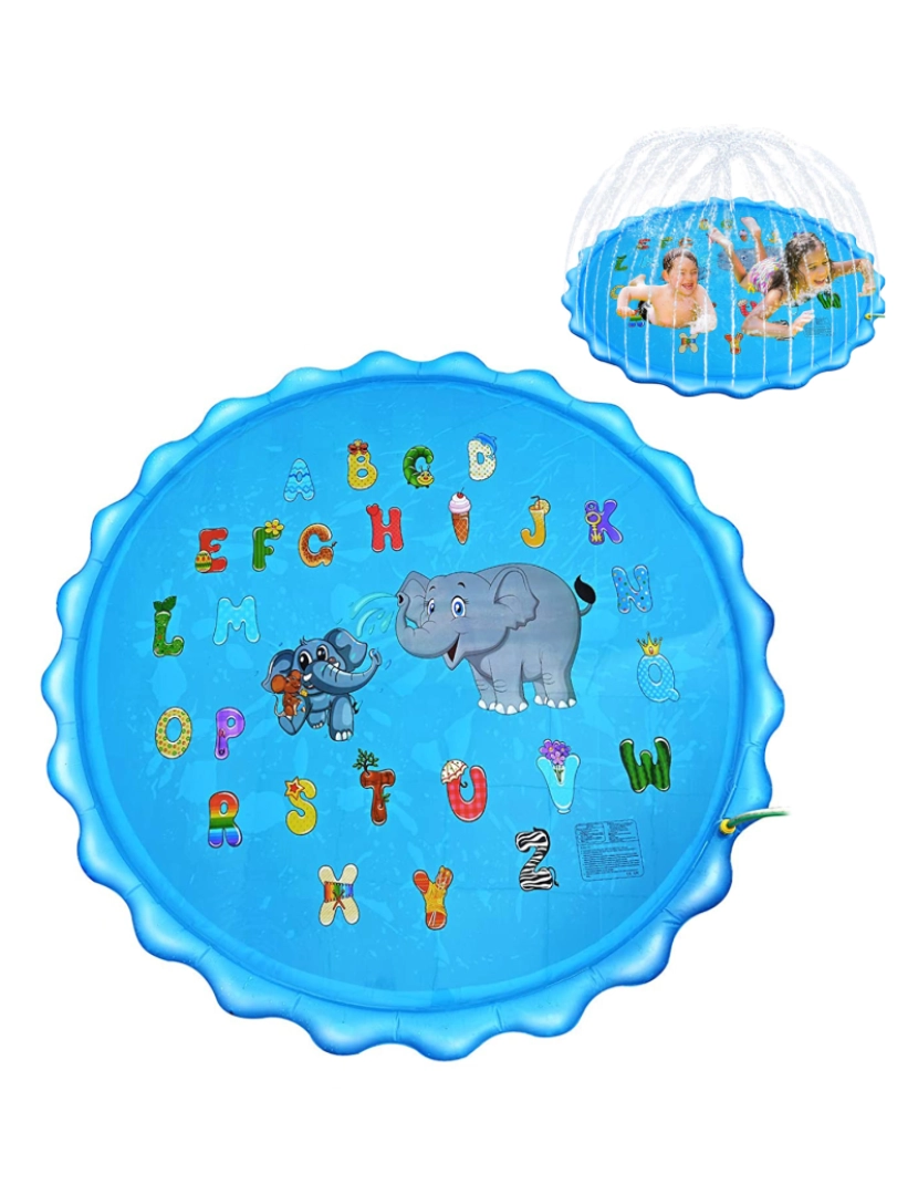 imagem de DAM. Splashpad. Brinquedo inflável com aspersor de água para brincar. 200cm de diâmetro. Desenho de animais e alfabeto.1