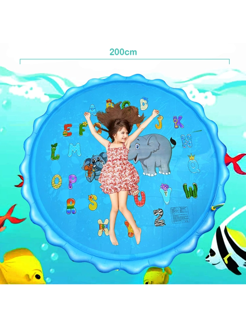 imagem de DAM. Splashpad. Brinquedo inflável com aspersor de água para brincar. 200cm de diâmetro. Desenho de animais e alfabeto.3