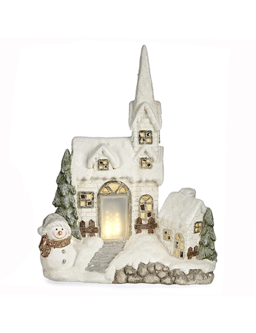 imagem de DAM. Figura de casa nevada com luz e boneco de neve.1