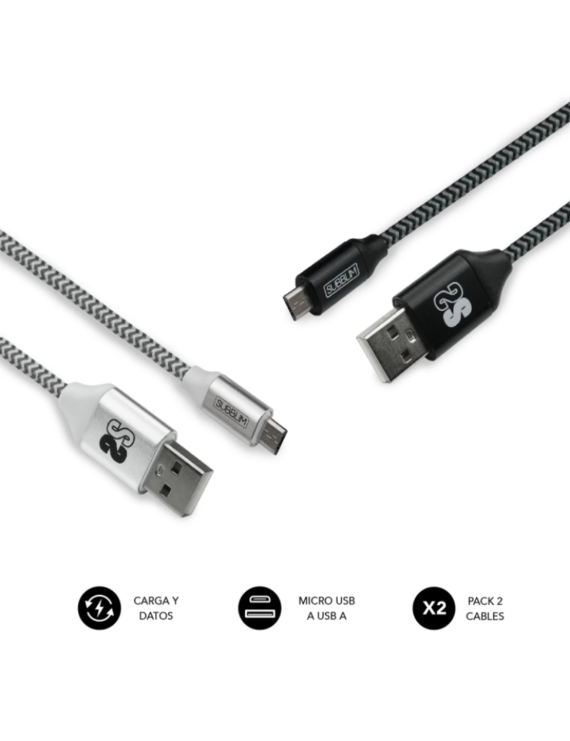 imagem de Cabo USB Subblim > Pack 2 Cables A Micro (2.4A) 1M Black/silver MICRO-USB A Alumínio, Preto, Cinzento, Branco - SUB-CAB-1MU0011