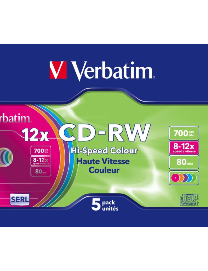 Verbatim - Disco Óptico Verbatim > CD-RW Colour 12X 700 MB 5 Unidade(s) - 43167