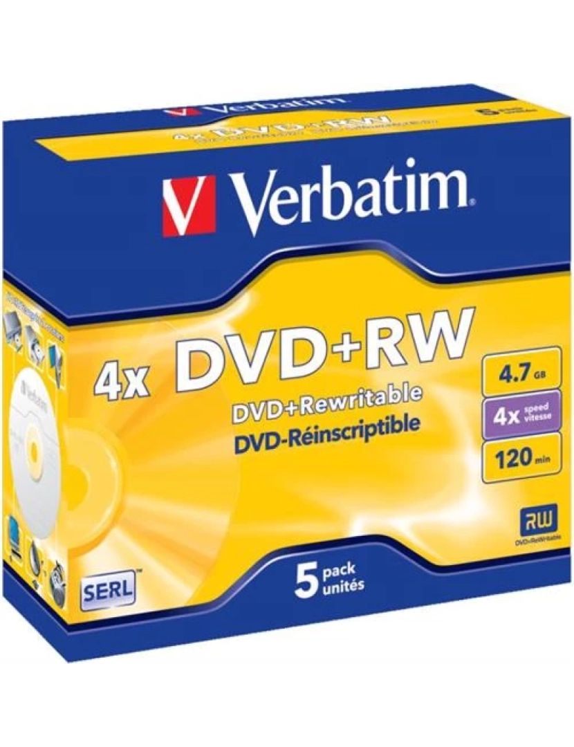 imagem de Disco Óptico Verbatim > Dvd+rw VERBATI.4X 4,7GB Colour S-PACK5 - 432971